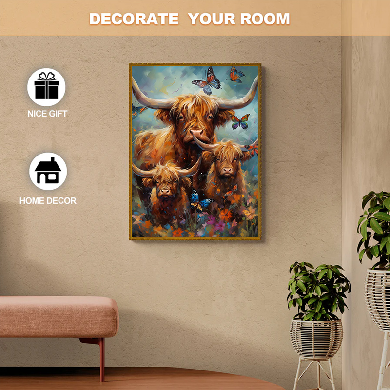 Rubbyoo Highland cow with butterflies - Wooden Jigsaw Puzzle 