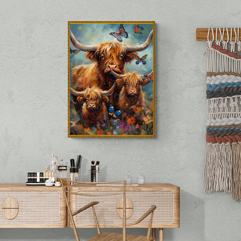 Rubbyoo Highland cow with butterflies - Wooden Jigsaw Puzzle 