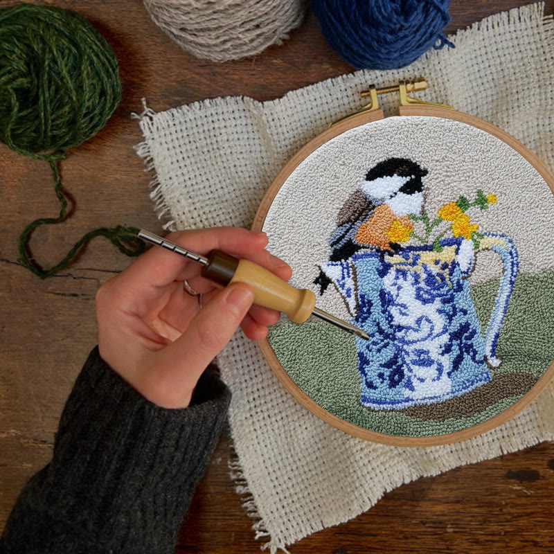  Bird With Teapot Punch Needle Kit - Lovely Bird Handicraft |  Diy Decorative Hoop Art - image 4