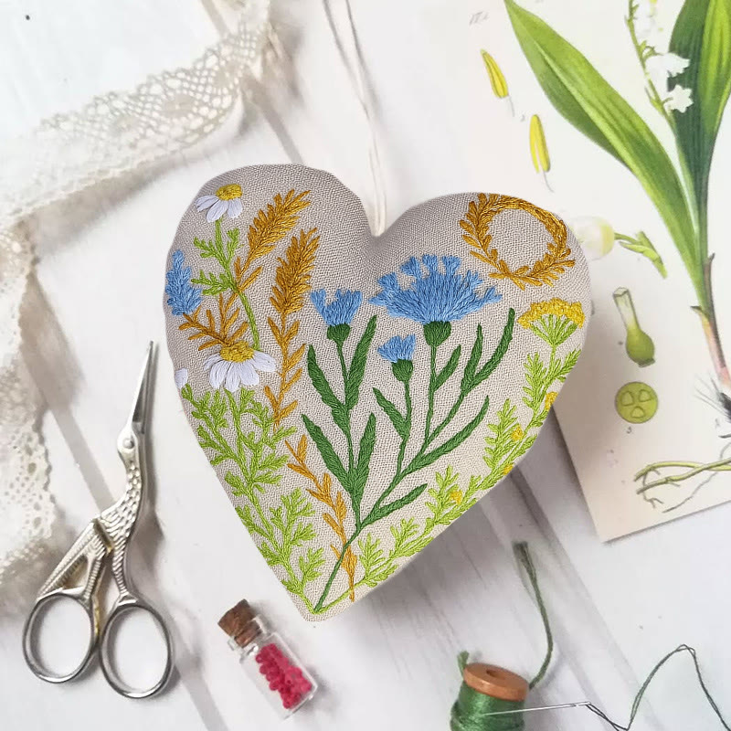 Rubbyoo Heart Embroidery Kit - Blue Wildflower | Diy Decorative Craft | Flower Hanging Ornament - 6 inches hoop kit - image 1