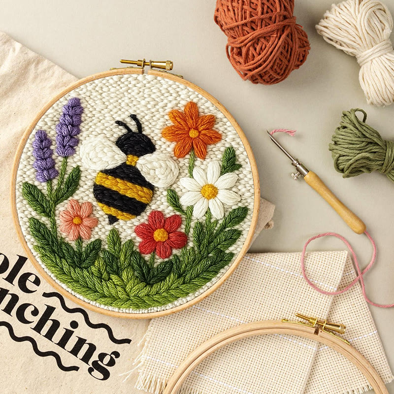 Bee With Flower Punch Needle Kit - Beautiful Decorative Art | Unique Handmade Coaster - image 2
