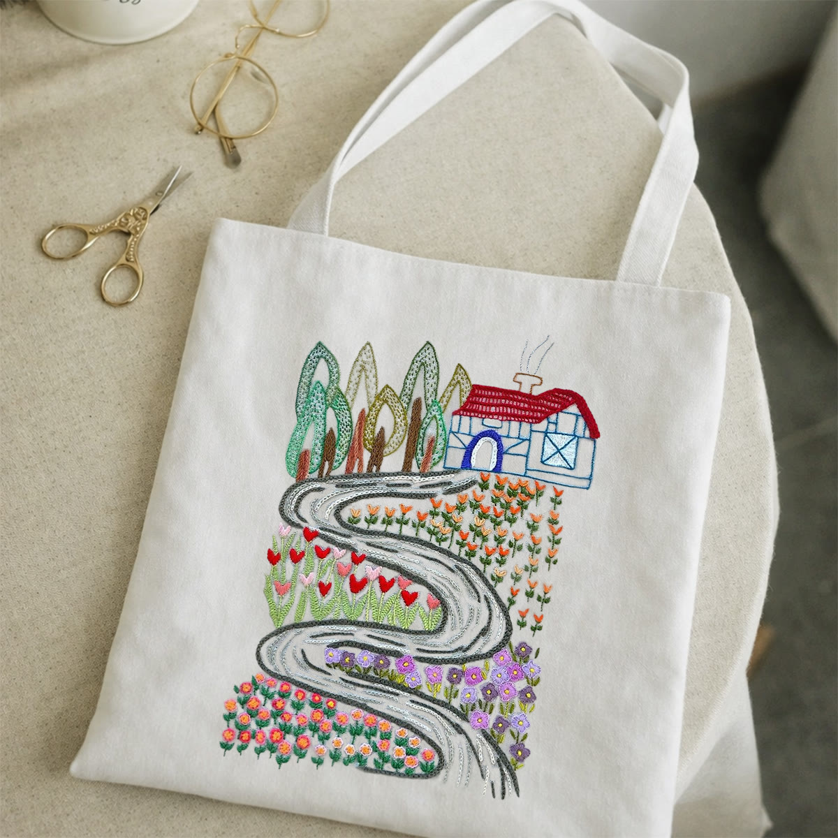 Rubbyoo Embroidery Tote Bag Kit - Country Cottage | Abundant Colour Canvas Bag | Gift For Crafters - image 7