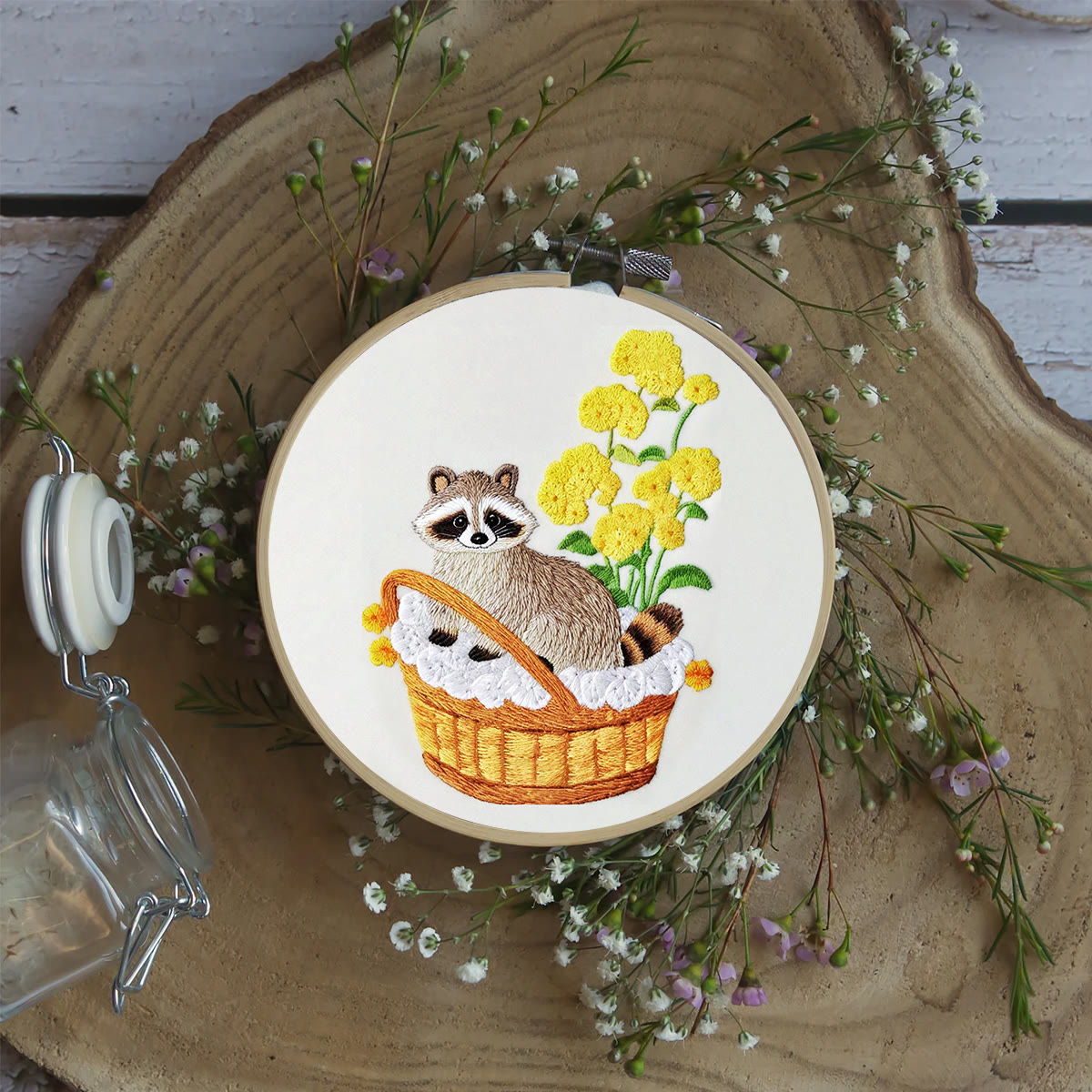 Rubbyoo Embroidery Kit- Cute Raccoon With Yellow Flower Diy Craft Kits | For Craft Lover - image 6