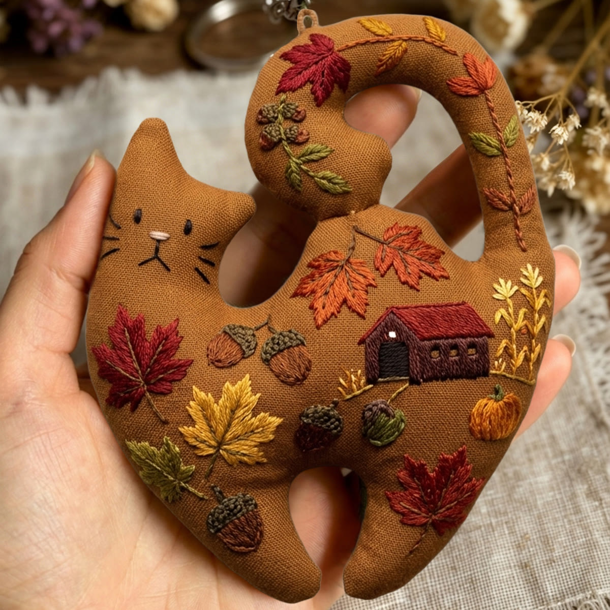 Rubbyoo Kitty Embroidery Kit - Autumn Maple | Cozy Earth Brown Ornament | Funny DIY Handicraft - image 5