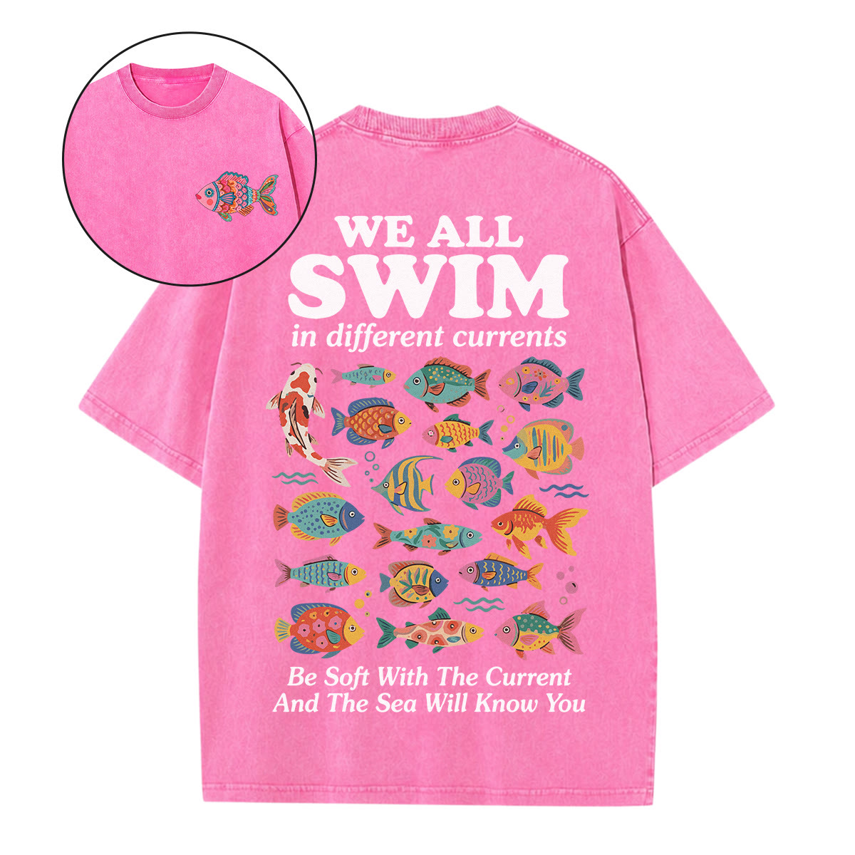 Rubbyoo We All Swim In Different Currents Double Sided Unisex Washed T-shirt  Cartoon Fishes Print - Pink - 5XL - image 11