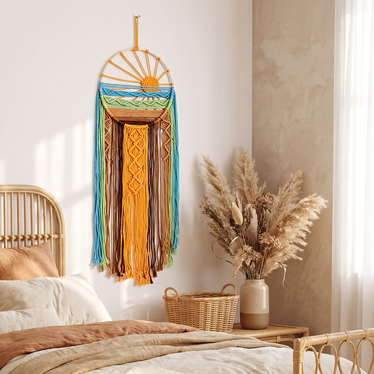 Rubbyoo Sunburst Boho Wall Hanging - Handmade Tassel Woven Artwork | Coastal Resort Room Decor - Sunset - image 4