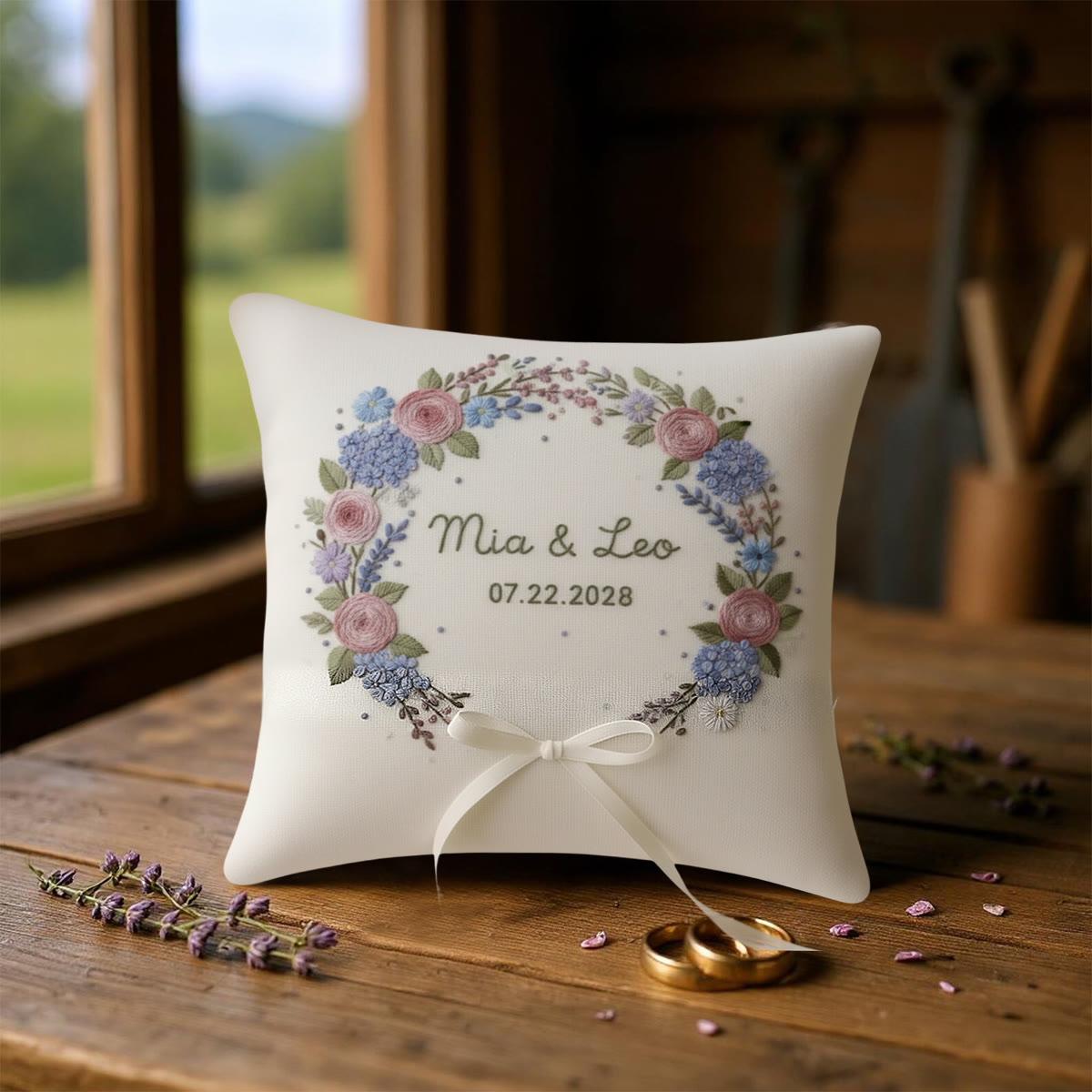 Rubbyoo Personalized Ring Bearer Pillow Embroidery Kit - Pink Rose Hydrangea Floral Wreath | Bespoke Handmade Work | Wedding Table Accents - image 10