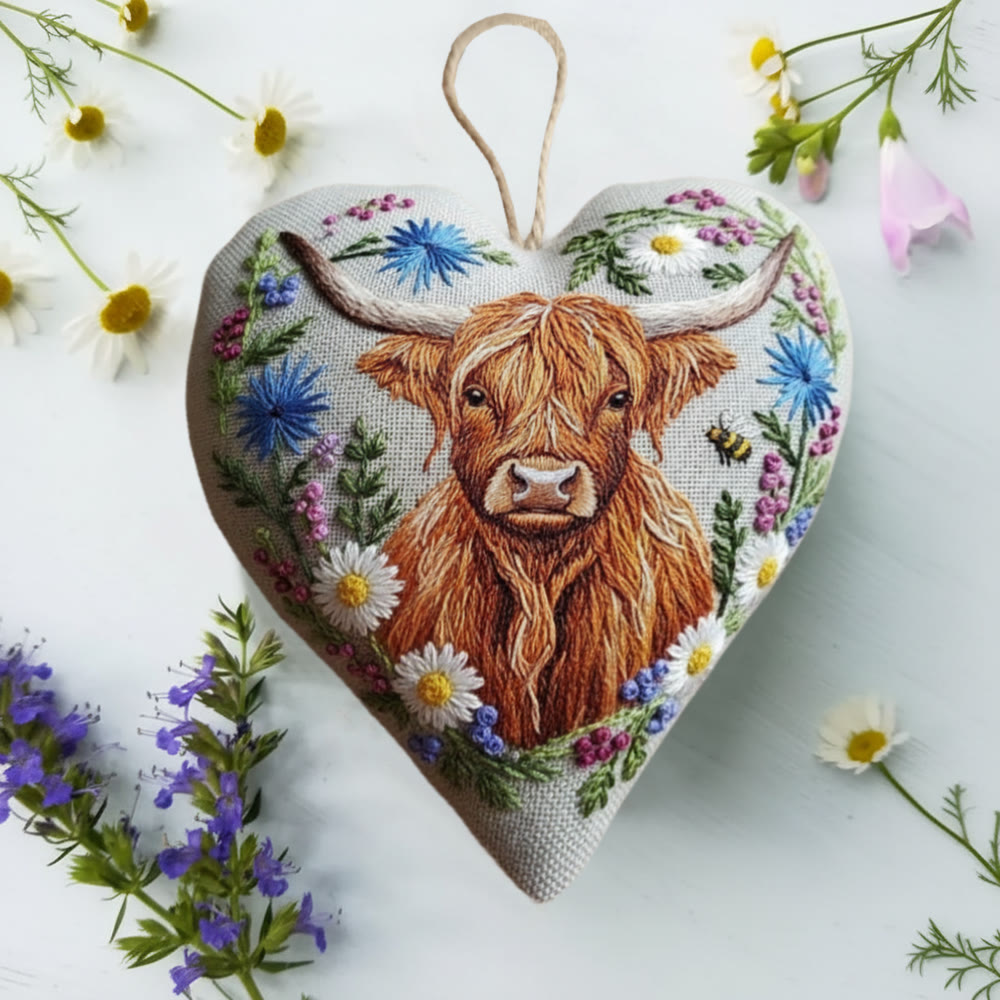 Rubbyoo Heart Embroidery Kit - Highland Cow And Wildflower | Whimsical Craft | Rustic Gift Pick - image 6