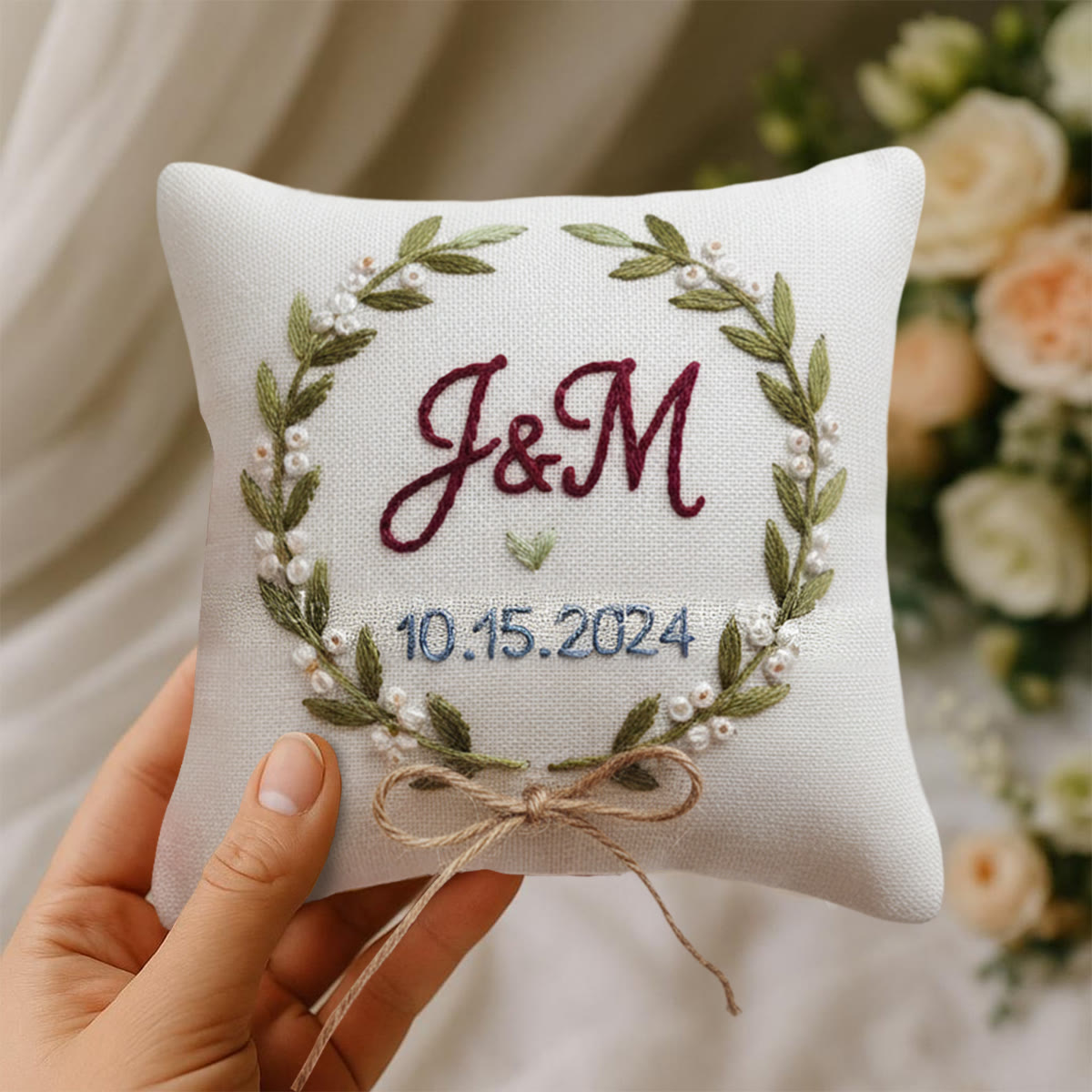 Rubbyoo Personalized Ring Bearer Pillow Embroidery Kit - Pearl-adorned Leaf Wreath With Initials | Tailor-made Handcraft | Wedding Ceremony Touches - image 7