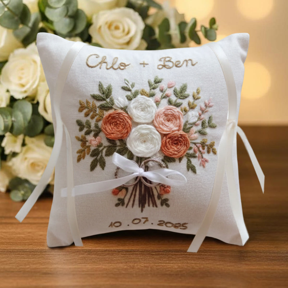 Rubbyoo Personalized Ring Bearer Pillow Embroidery Kit - White Peach Rose Bouquet | Wedding  Gift| Beginner-Friendly - image 7
