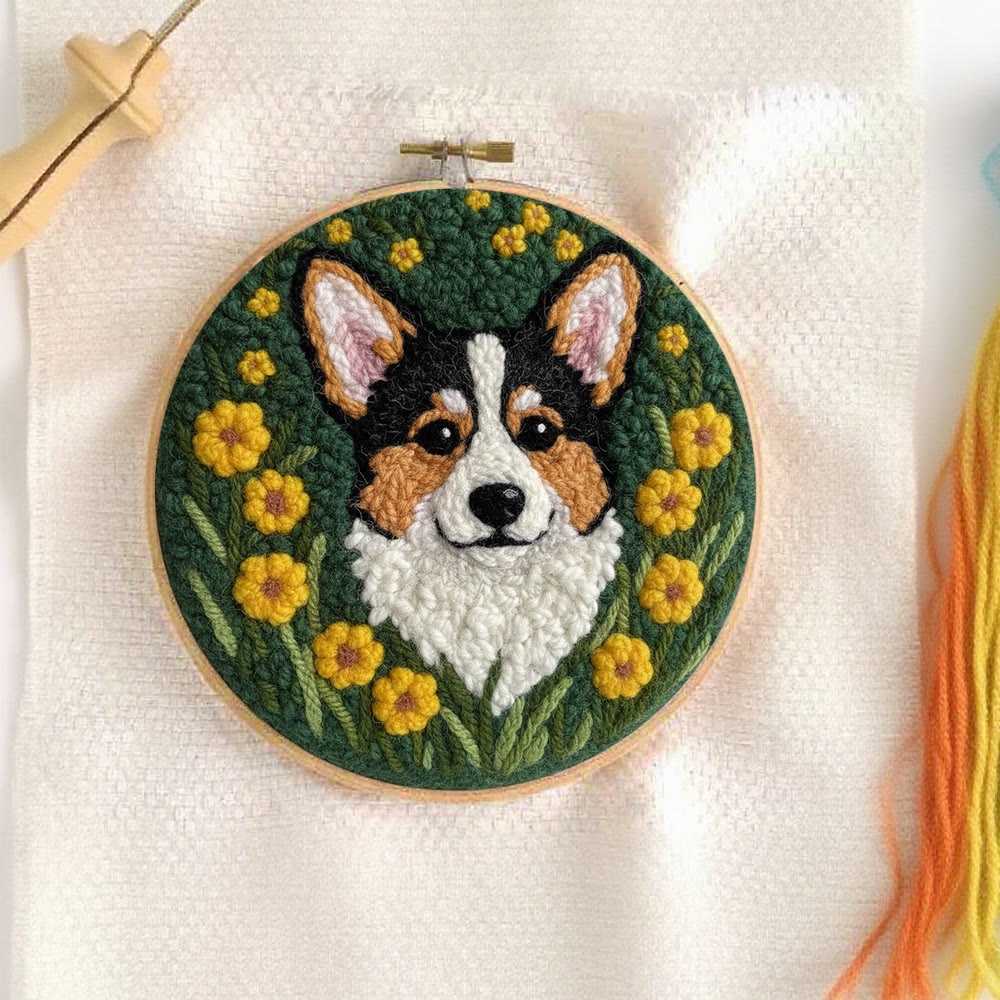 Lively Corgi In Yellow Floral Cluster Punch Needle Kit – Endearing Home Decor | Top Gifting Choice - image 7