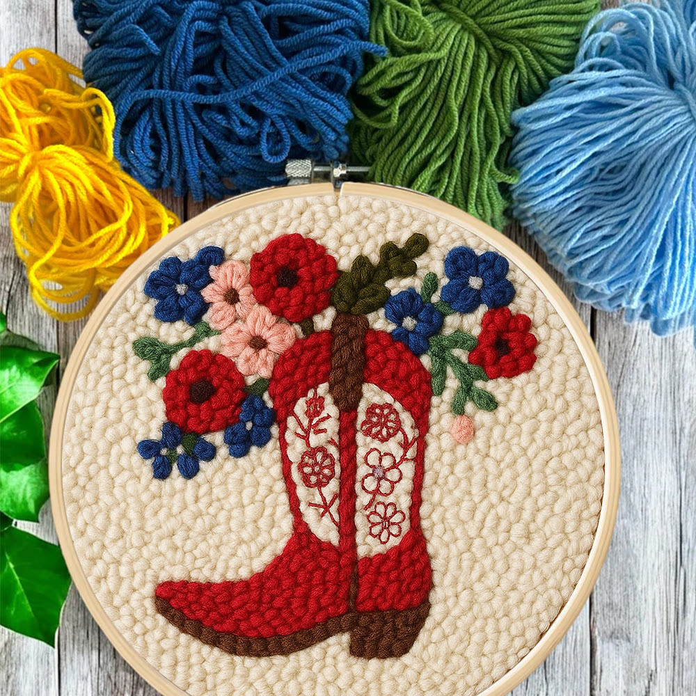 Floral Red Cowboy Boot Punch Needle Kit – Beginner Starter Handcraft | Room Decor Accent - image 9