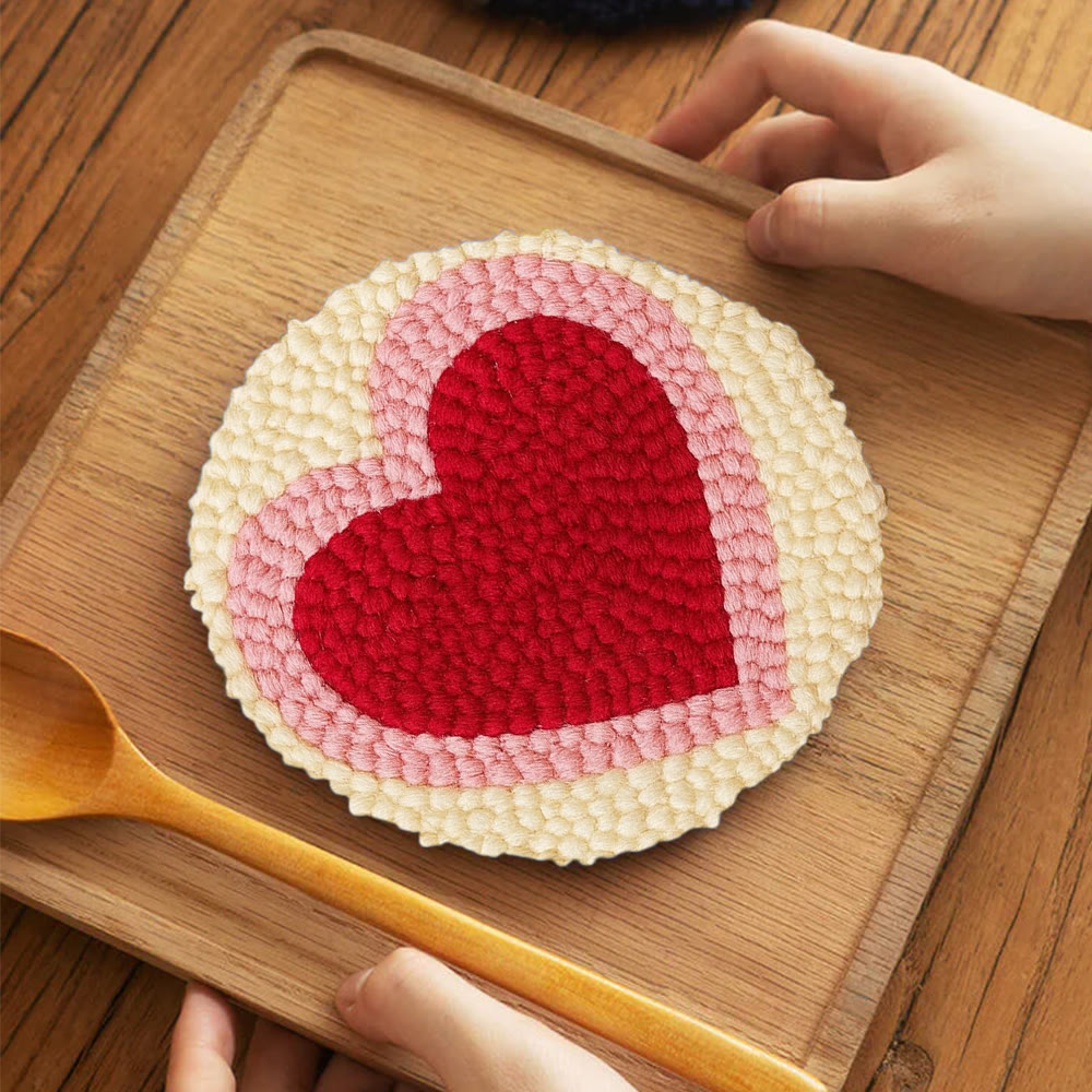 Soft Flocked Double-ring Heart Punch Needle Kit – Novice-easy Handcraft | Daily Home Decor Accent - 5 inch Coaster Kit - image 4