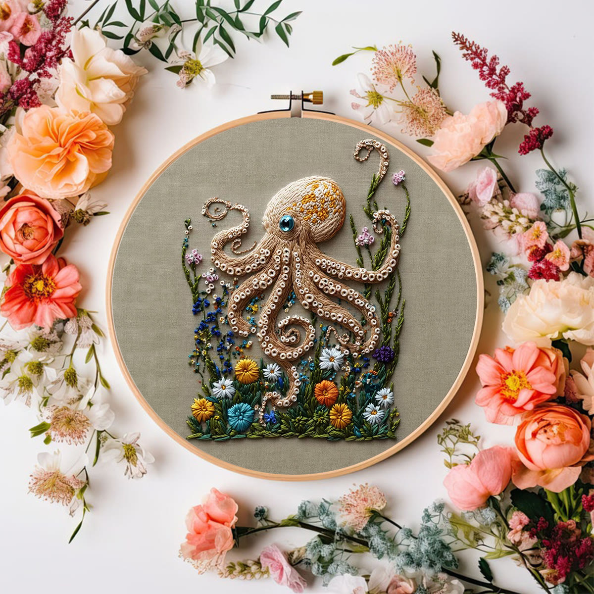 Rubbyoo Embroidery Kit - Textured Octopus With Floral Foliage | Charming Home Accent | Beginner-Approachable Embroidery - image 6