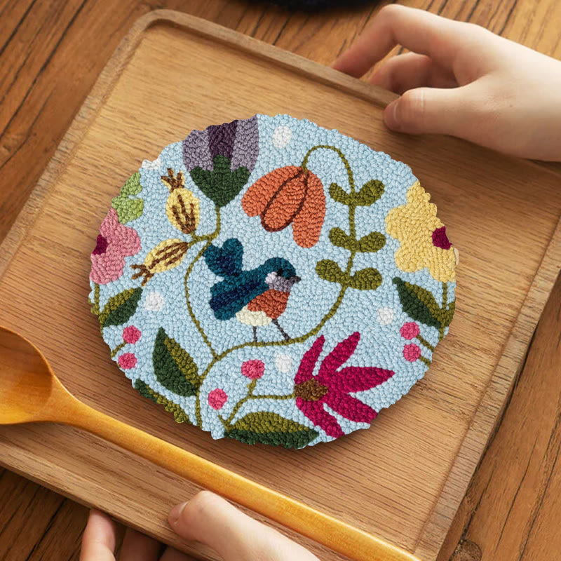 Colorful Bird And Blooming Floral Punch Needle Kit – Charming Handmade Gift | Beginner-friendly Diy - 5 inch Coaster Kit - image 4