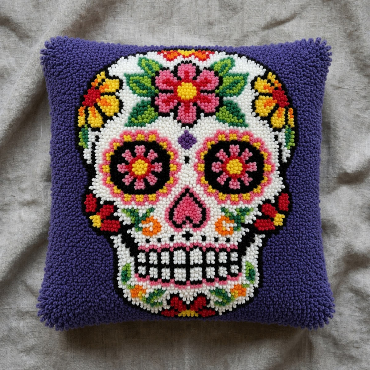 Rubbyoo Latch Hook Pillow Kit - Whimsical Floral Skull | Creative Day Of The Dead Gift | Vibrant Mexican Folk Art - image 7