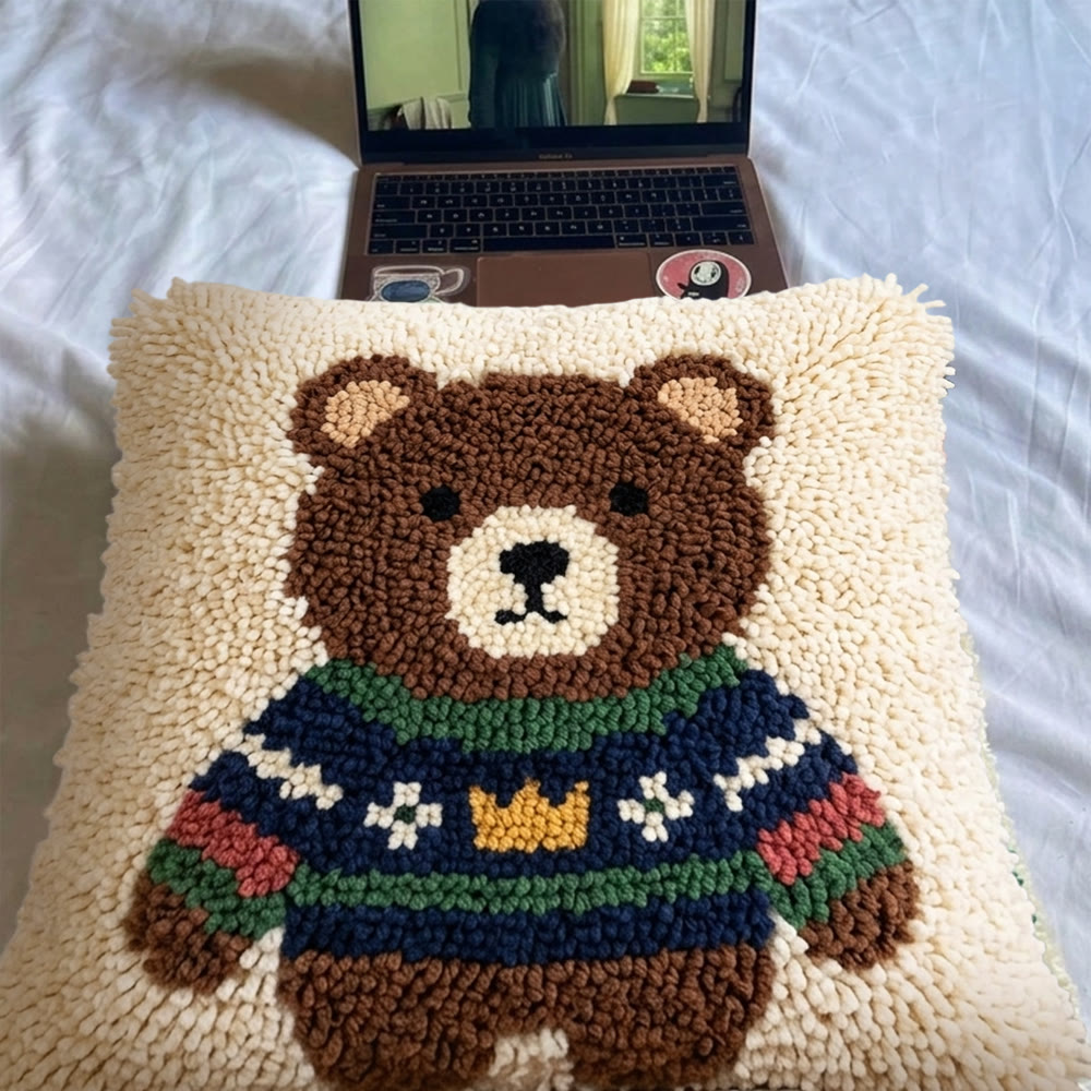 Rubbyoo Latch Hook Pillow Kit - Bear In Sweater | Cozy & Soft Sofa Decor | Lovely DIY Birthday Gift For Kids - image 5