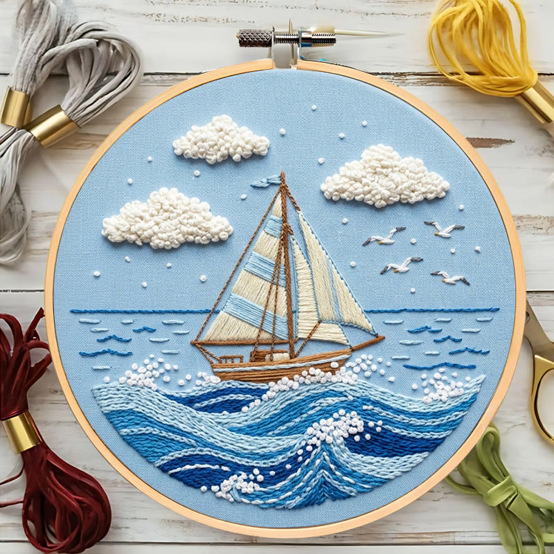 Rubbyoo Embroidery Kit - Sailboat On The Sea | Blue Toned Home Decor | Unique Nautical Gift For Her - image 6