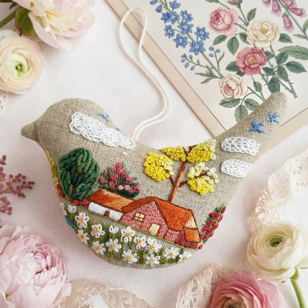Rubbyoo Bird-shaped Embroidery Kit - Cottage Landscape Scene | Mother's Day Keepsake | Whimsical Wall Hanging Ornament - image 3
