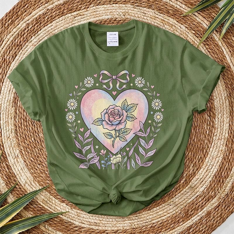 Rubbyoo Heart Of Rose Graphic Tee  - Soft Baggy  Shirt For Women  | Exquisite Pink Floral Print - Army Green - 2XL - image 5