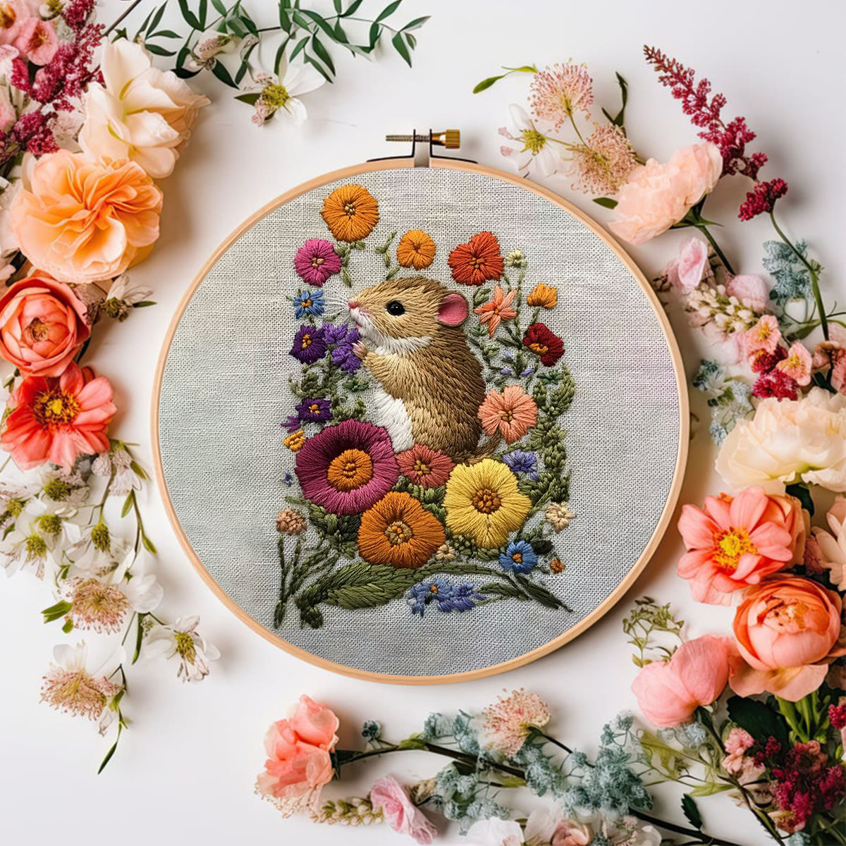 Rubbyoo Embroidery Kit - Adorable Mouse In Floral Garden | Handcrafted Nature Art | Perfect For Embroidery Starters - image 7