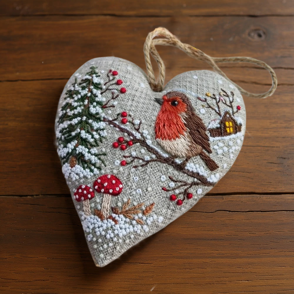 Rubbyoo Heart Embroidery Kit - Winter Robin With Snow | Cozy Handstitched Diy | Warm Seasonal Decor Pendant - image 9
