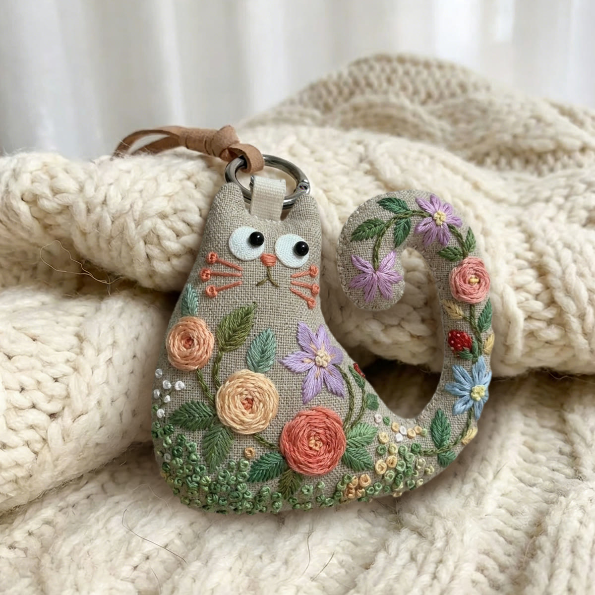 Rubbyoo Cat Embroidery Kit - Apricot And Peach Roses | Cute Gift For Her | Cottagecore Bag Charm - image 2