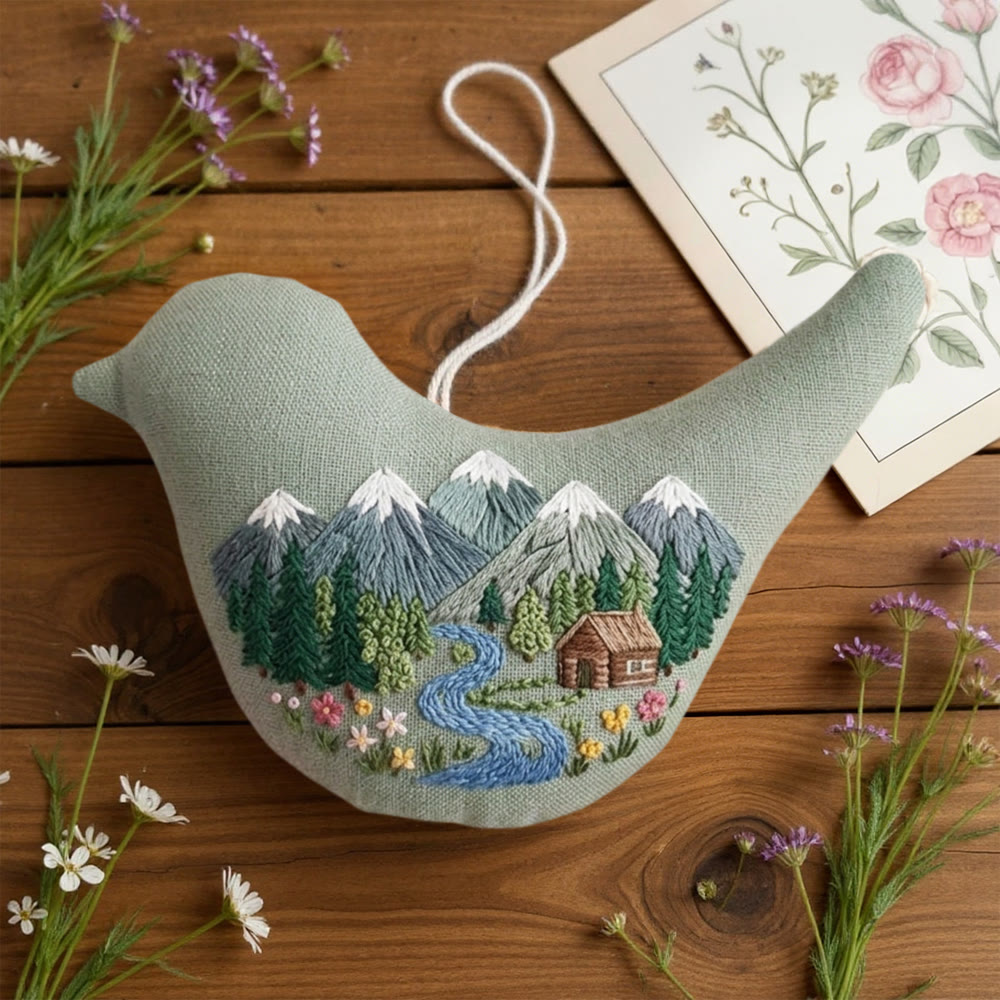 Rubbyoo Bird-shaped Embroidery Kit - Mountain Landscape | Outdoor Enthusiast Gift | Rustic Hanging Home Accent - image 4