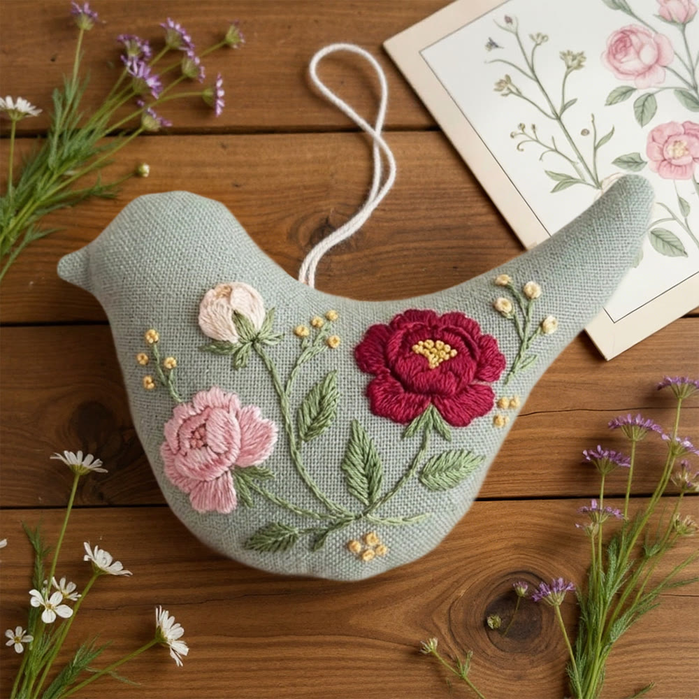 Rubbyoo Bird-shaped Embroidery Kit - Vintage Rose Design | Romantic Cottage Style Embroidery | Craft Lover Gift  - image 2