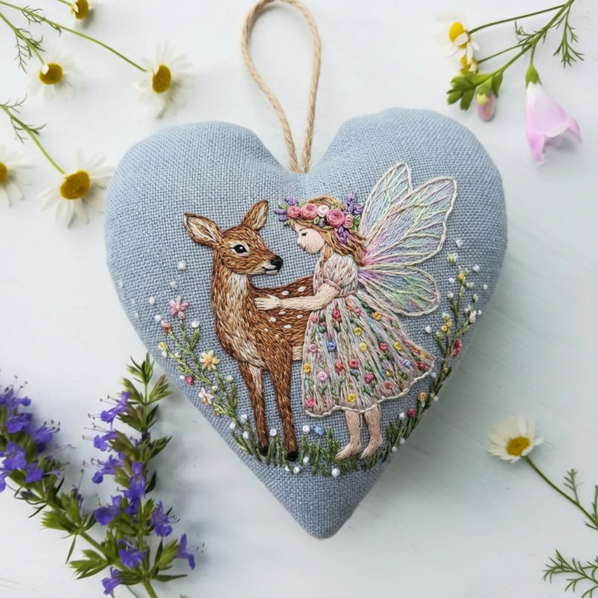 Rubbyoo Heart Embroidery Kit - Angel & Deer | Fairy-tale-inspired Present For Her | Cozy Blue Wall Hanging - image 3