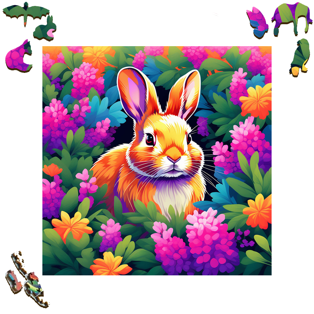 Colorful Flowers And Rabbit - Wooden Jigsaw Puzzle