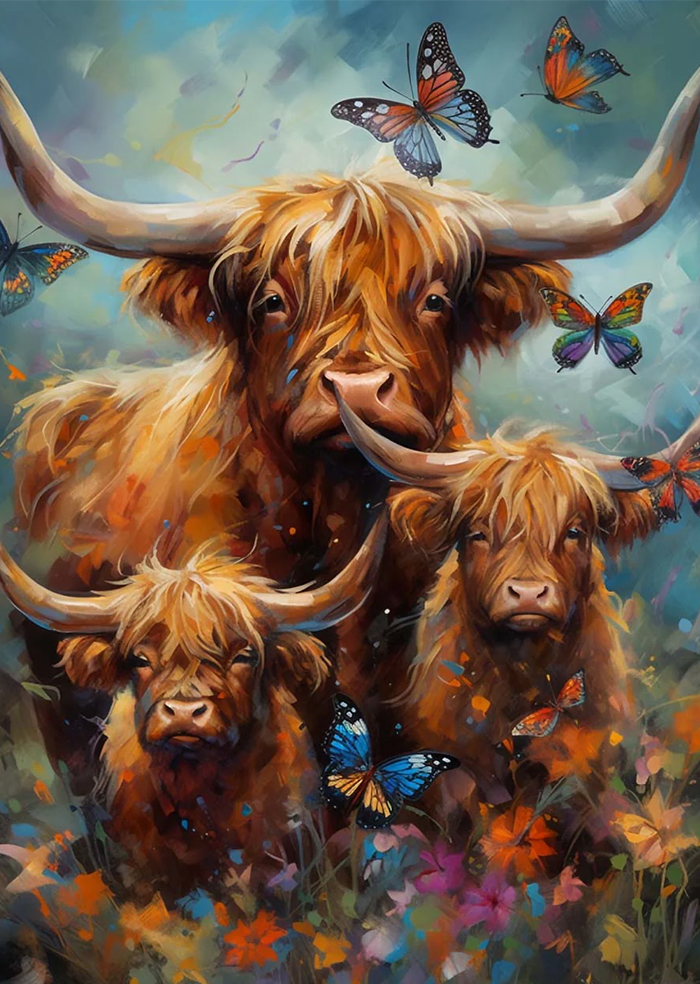 Rubbyoo Highland cow with butterflies - Wooden Jigsaw Puzzle 