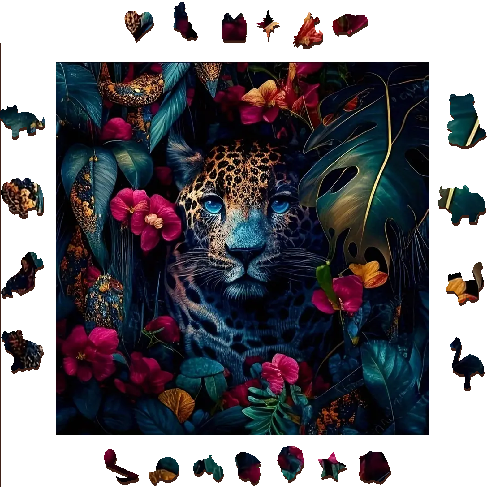 Leopard Among The Dark Flowers - Wooden Jigsaw Puzzle
