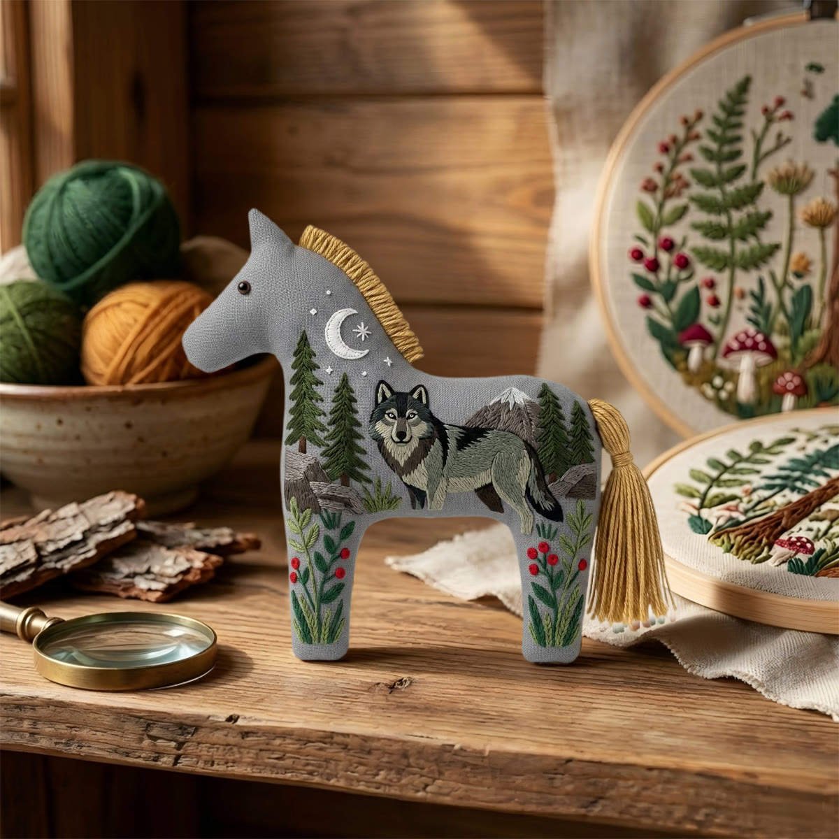 Rubbyoo Dala Horse Embroidery Kit - Grey Wolf And Mountain | Unique Handmade Gift | Car Rearview Mirror Hanging Accessory - image 6