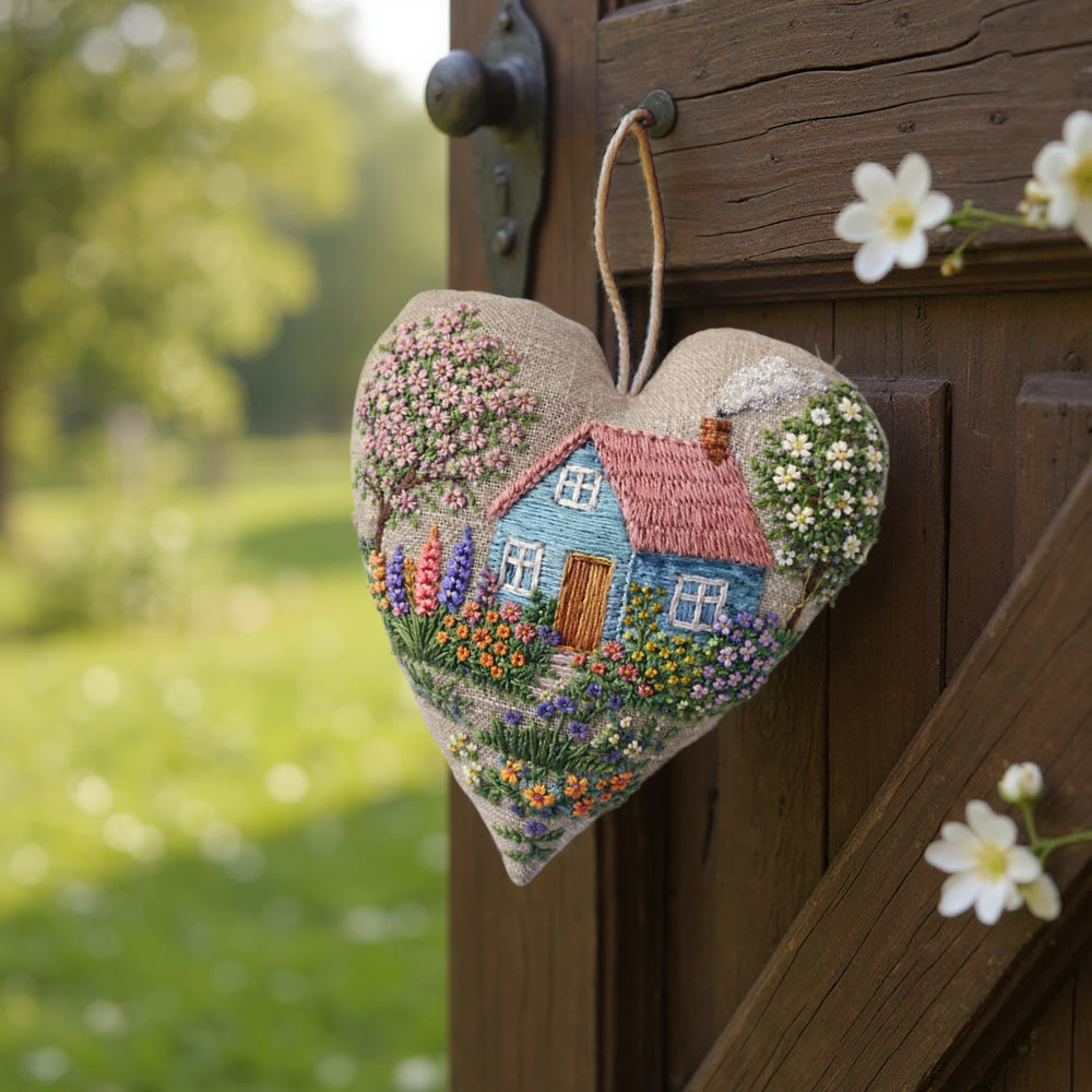 Rubbyoo Heart Embroidery Kit - Cottage With Blossom Landscape Motif | Delicate Handstitched Craft | Cozy Pendant - image 4