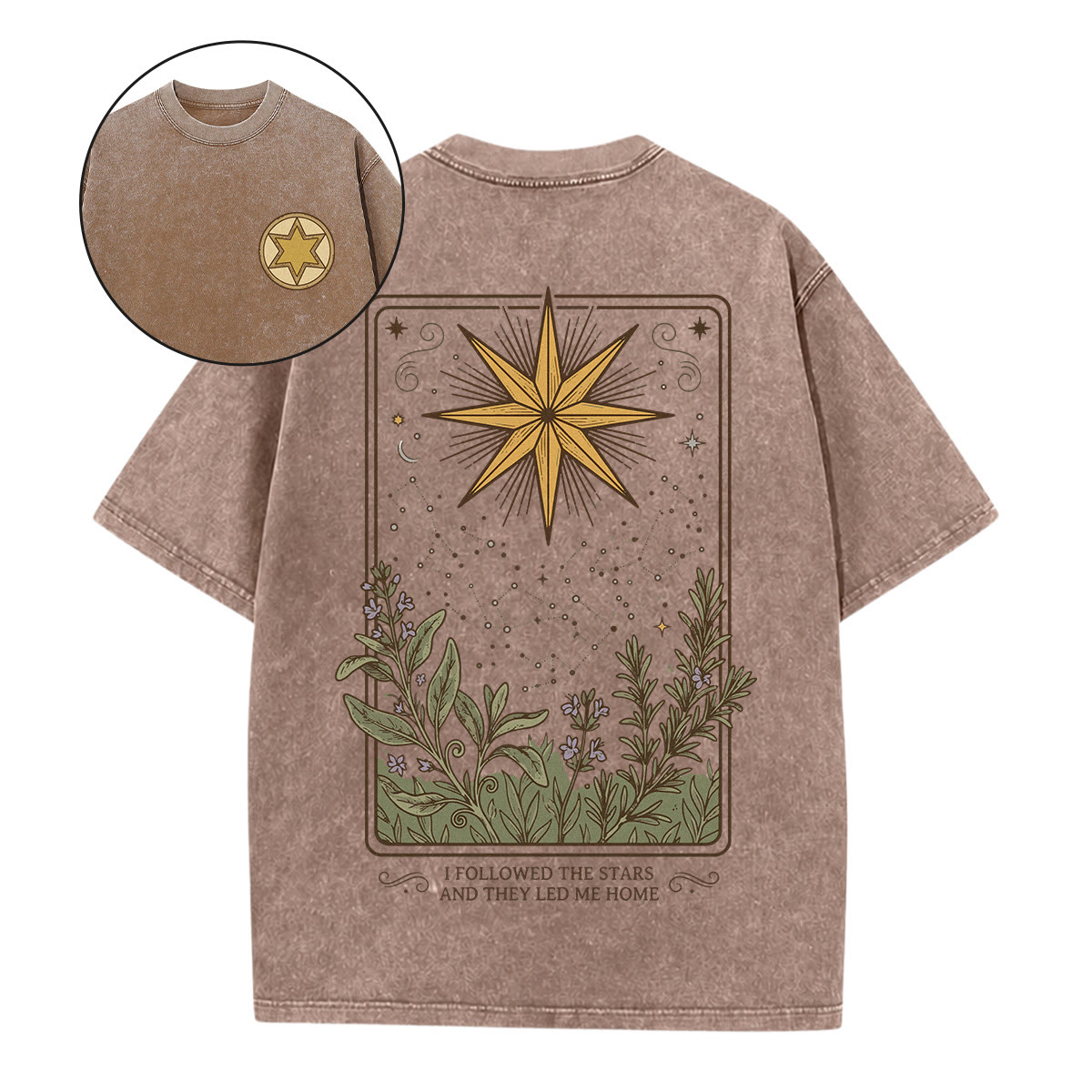 Rubbyoo  North Star Constellation Double Sided Unisex Washed T-shirt Botanical Tarot Motif - Coffee - 5XL - image 19