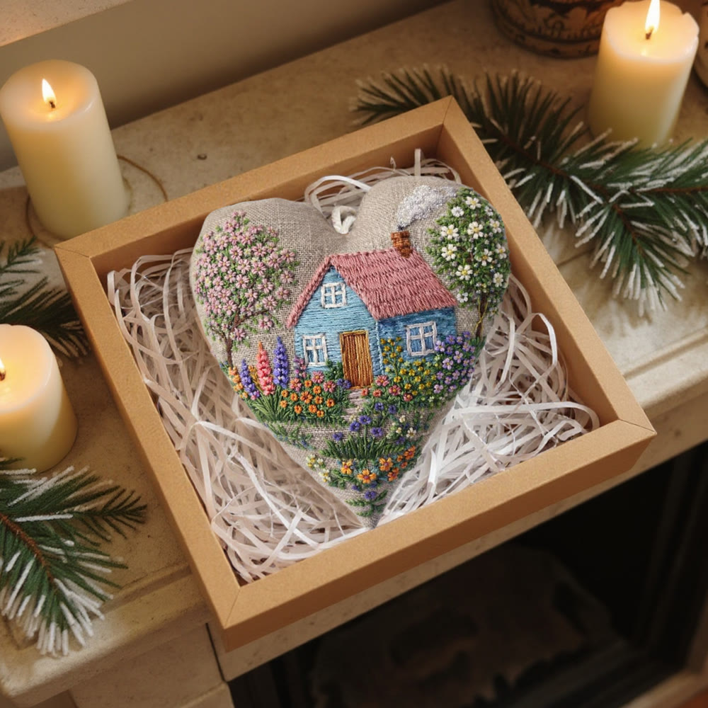 Rubbyoo Heart Embroidery Kit - Cottage With Blossom Landscape Motif | Delicate Handstitched Craft | Cozy Pendant - image 8