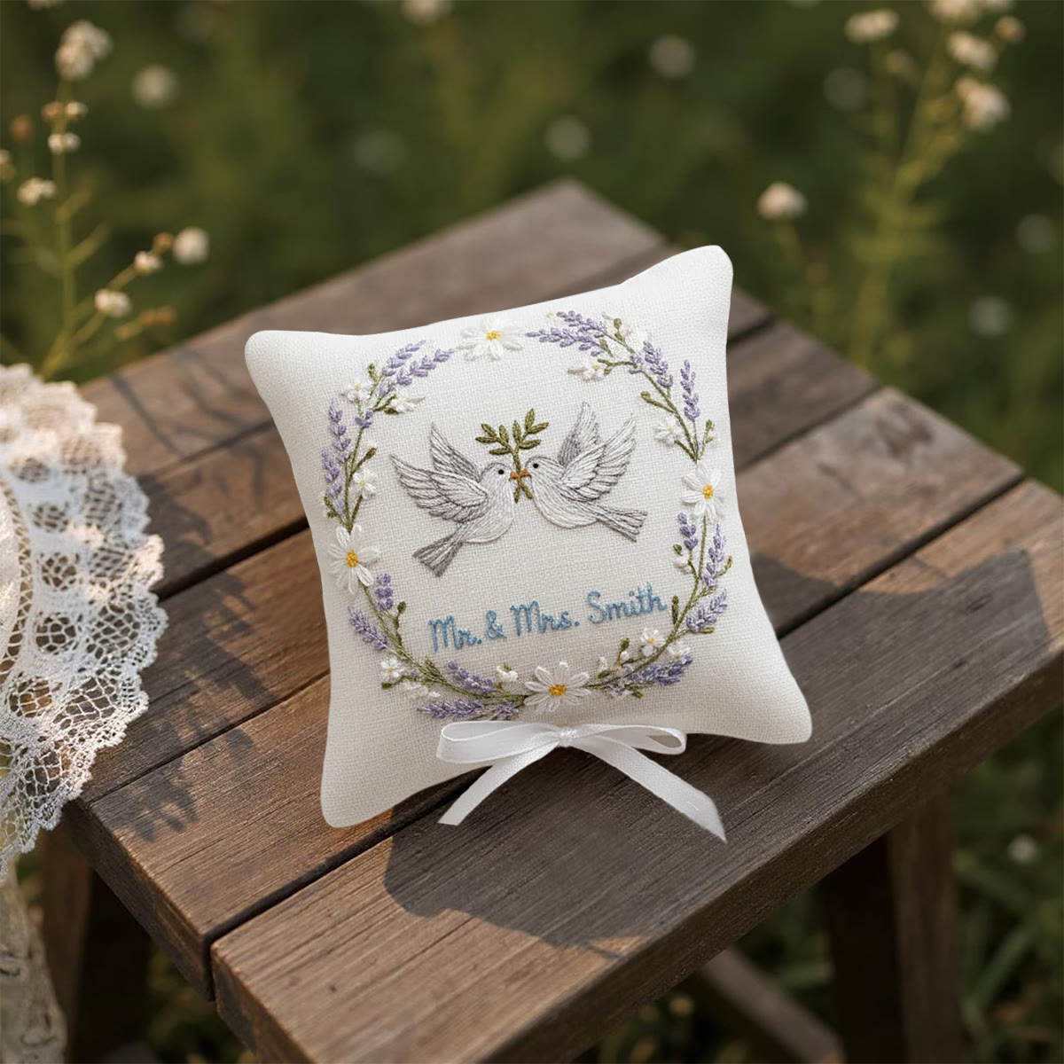Rubbyoo Personalized Ring Bearer Pillow Embroidery Kit - White Doves Lavender Daisy Wreath | Creative Ring Pillow | Memorable Moments Gift - image 8
