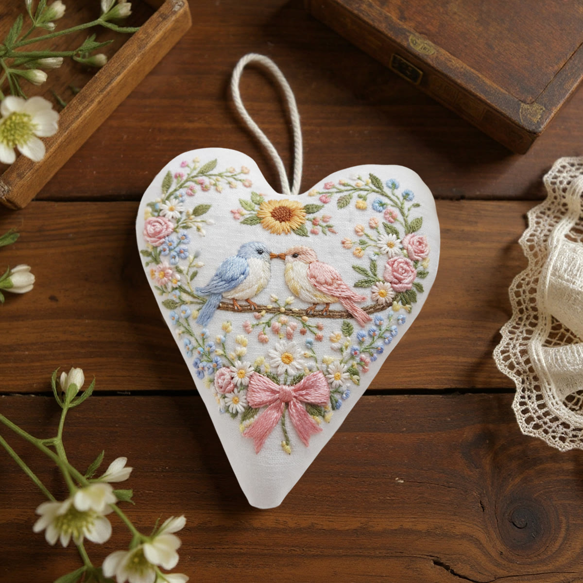 Rubbyoo Heart Embroidery Kit - Two Birds Sunflower Floral | Delightful Decor Pendant | Newcomer-simple Diy Stitch - image 8