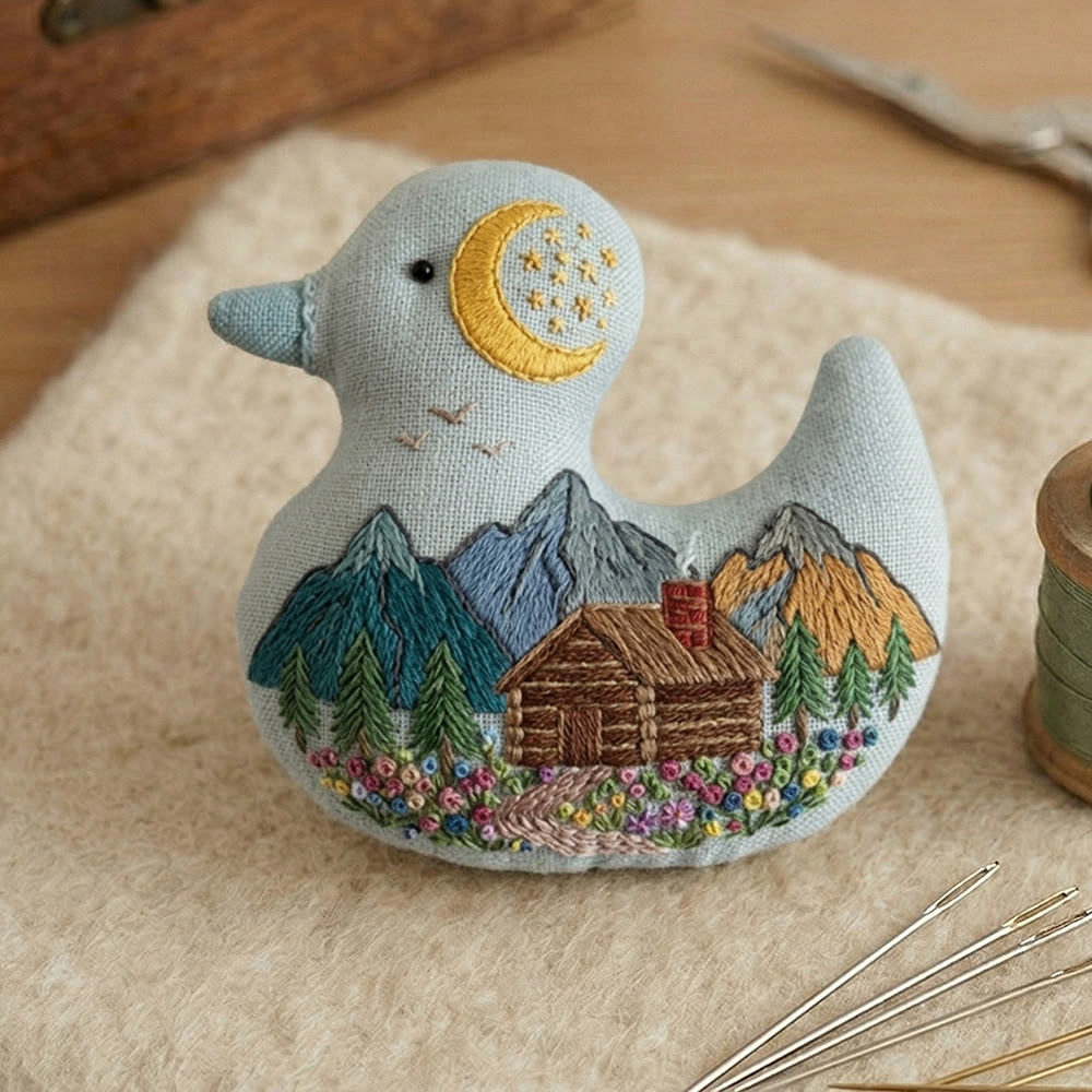 Rubbyoo Duck Embroidery Kit - Serene Moonlit Mountain Cabin View | Bag Hanging Charm | Lovely Handmade Art - image 4