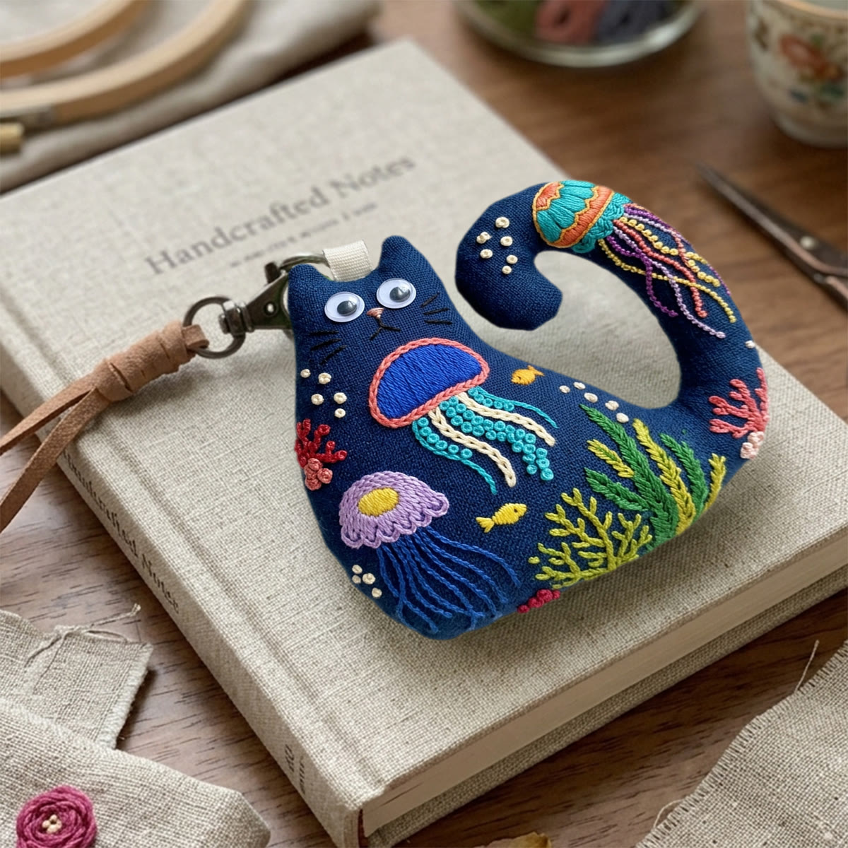 Rubbyoo Cat Embroidery Kit - Colorful Jellyfish And Seaweed | Diy Hand-stitched Gift | Coastal Beach Bag Accessory - image 9