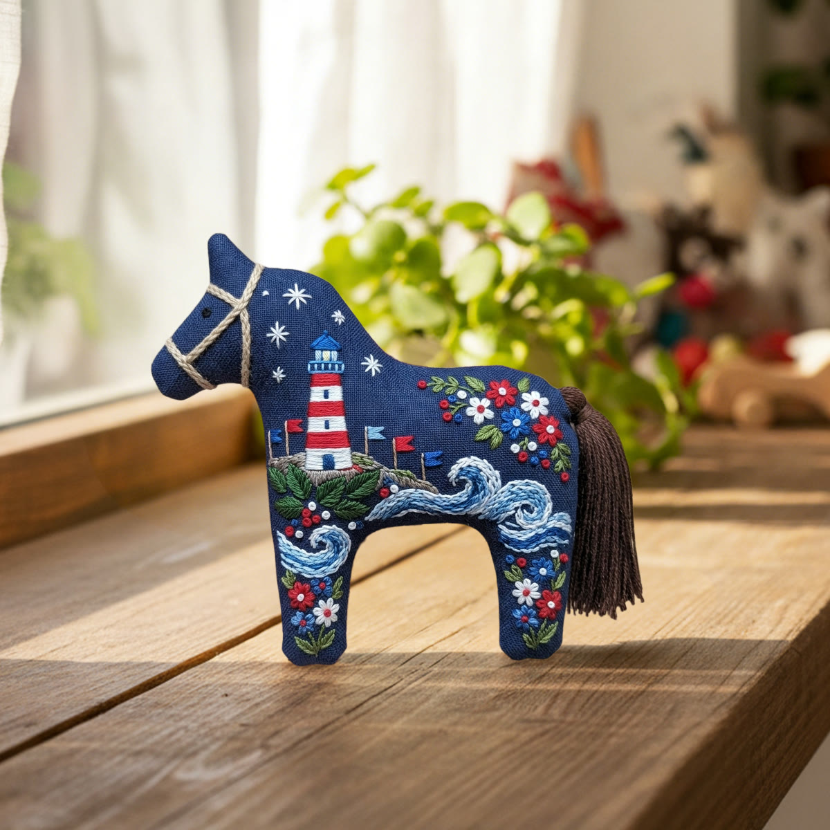 Rubbyoo Dala Horse Embroidery Kit - Lighthouse On The Sea | Blue Floral Folk Art Ornament | Exquisite Handmade Art Piece - image 5
