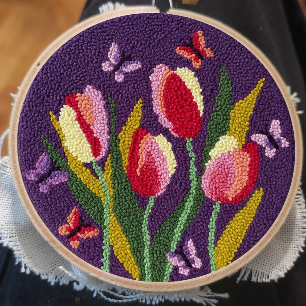 Butterflies And Tulips Punch Needle Kit - Unique Hoop Art | Nice Handmade Gift For Mom - image 5