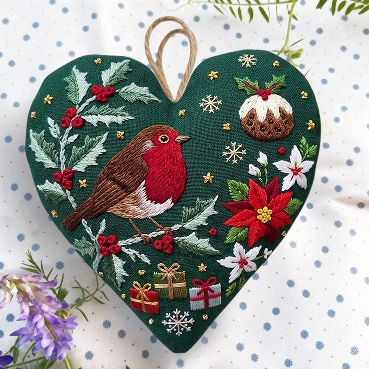 Rubbyoo Heart Embroidery Kit -  Christmas Red Robin | Floral Winter Needlepoint Craft For Kids | Woodland Nature Diy Decor Gift - image 6