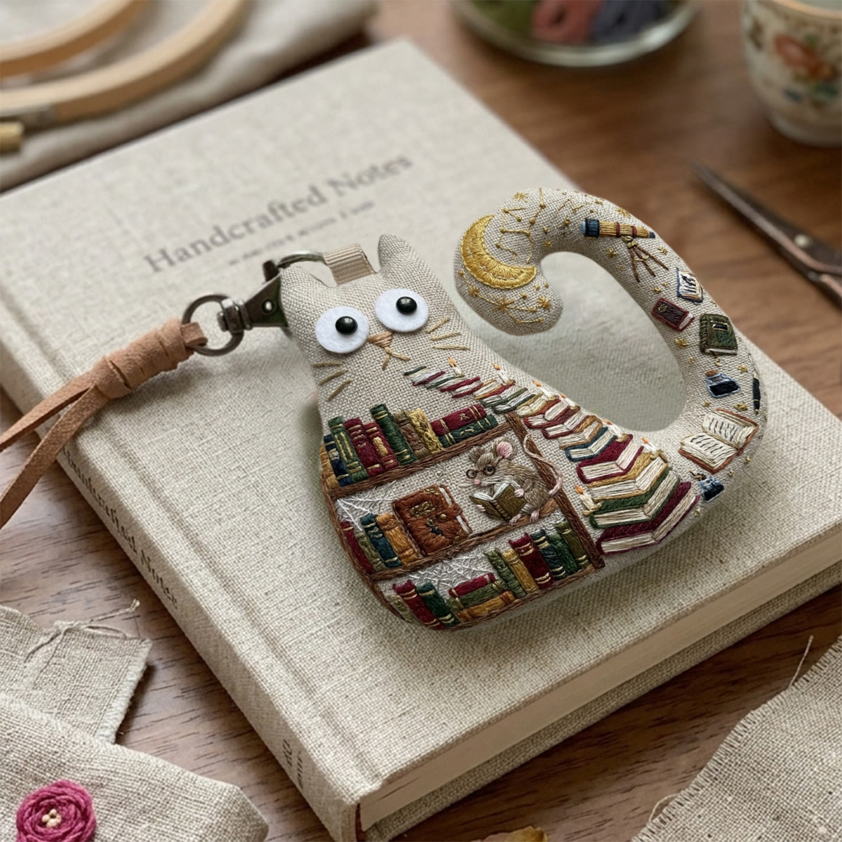 Rubbyoo Cat Embroidery Kit - Miniature Bookshelf | Unique Handmade Gift | Backpack Accessory - image 9