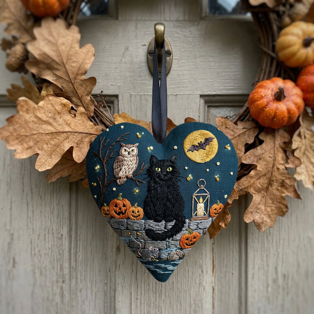 Rubbyoo Heart Embroidery Kit - Black Cat | Textile Craft Gift | Halloween Tree Ornament - image 2
