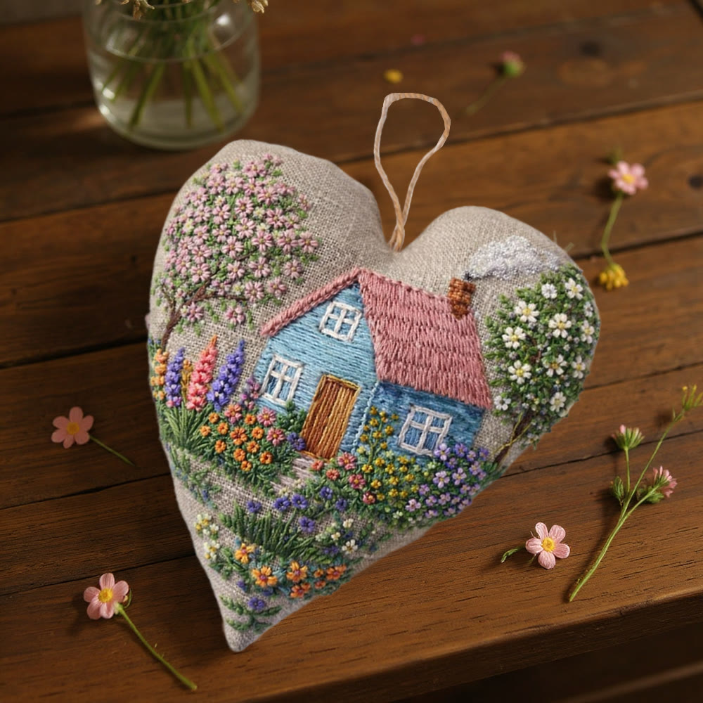 Rubbyoo Heart Embroidery Kit - Cottage With Blossom Landscape Motif | Delicate Handstitched Craft | Cozy Pendant - image 6