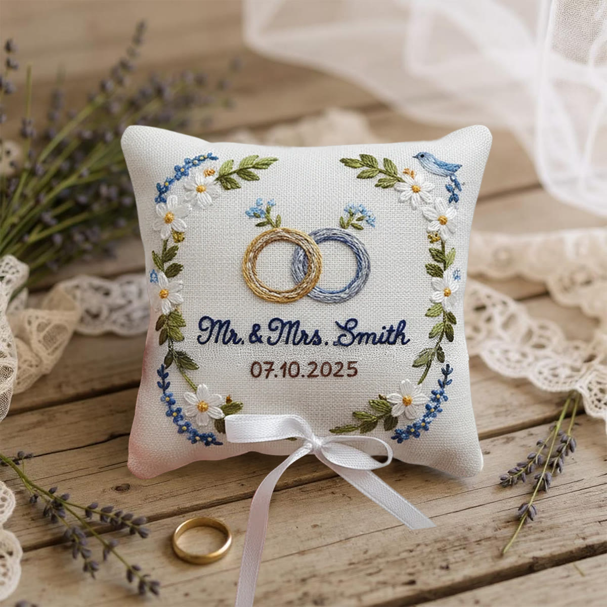 Rubbyoo Personalized Ring Bearer Pillow Embroidery Kit - White Daisy And Blue Flower Wreath | Beginner Diy | Weddings Anniversaries - image 9