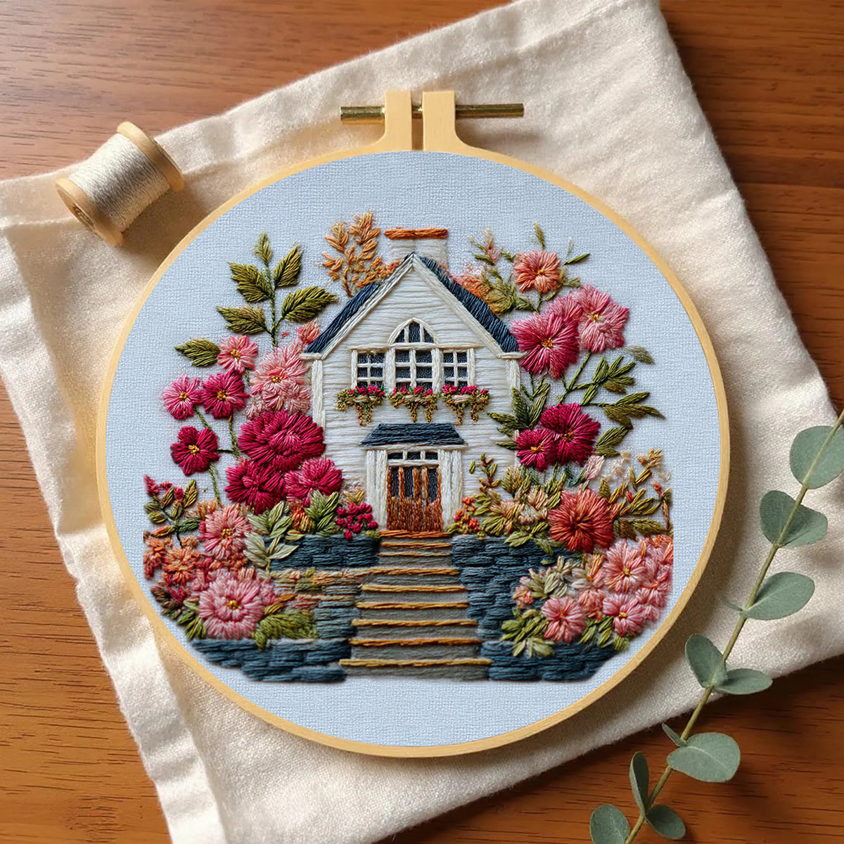Rubbyoo Embroidery Kit - Floral Surrounded Cottage | Entry Level Diy | Warm Home Accent - image 7