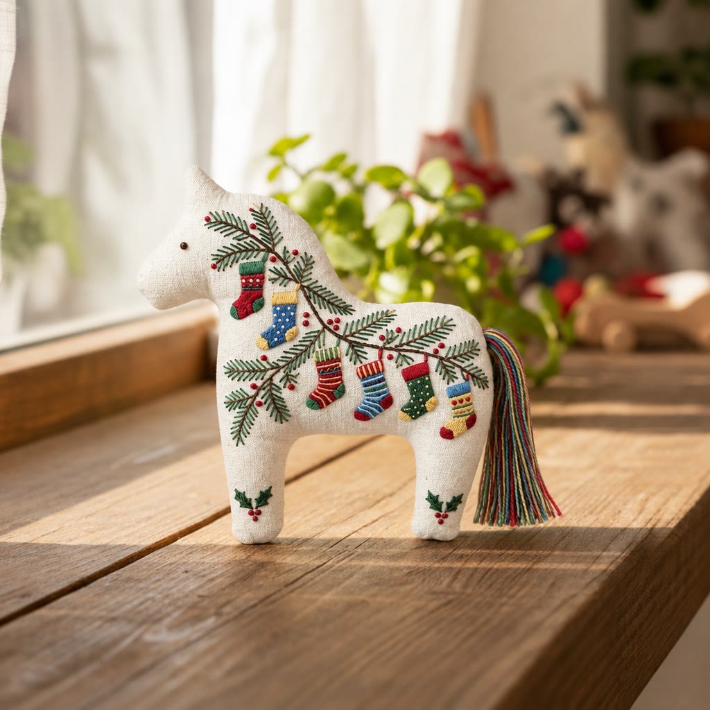 Rubbyoo Dala Horse Embroidery Kit - Christmas Socks Branch | Diy Rustic Evergreen Craft | Cozy Festive Party Decor - image 2